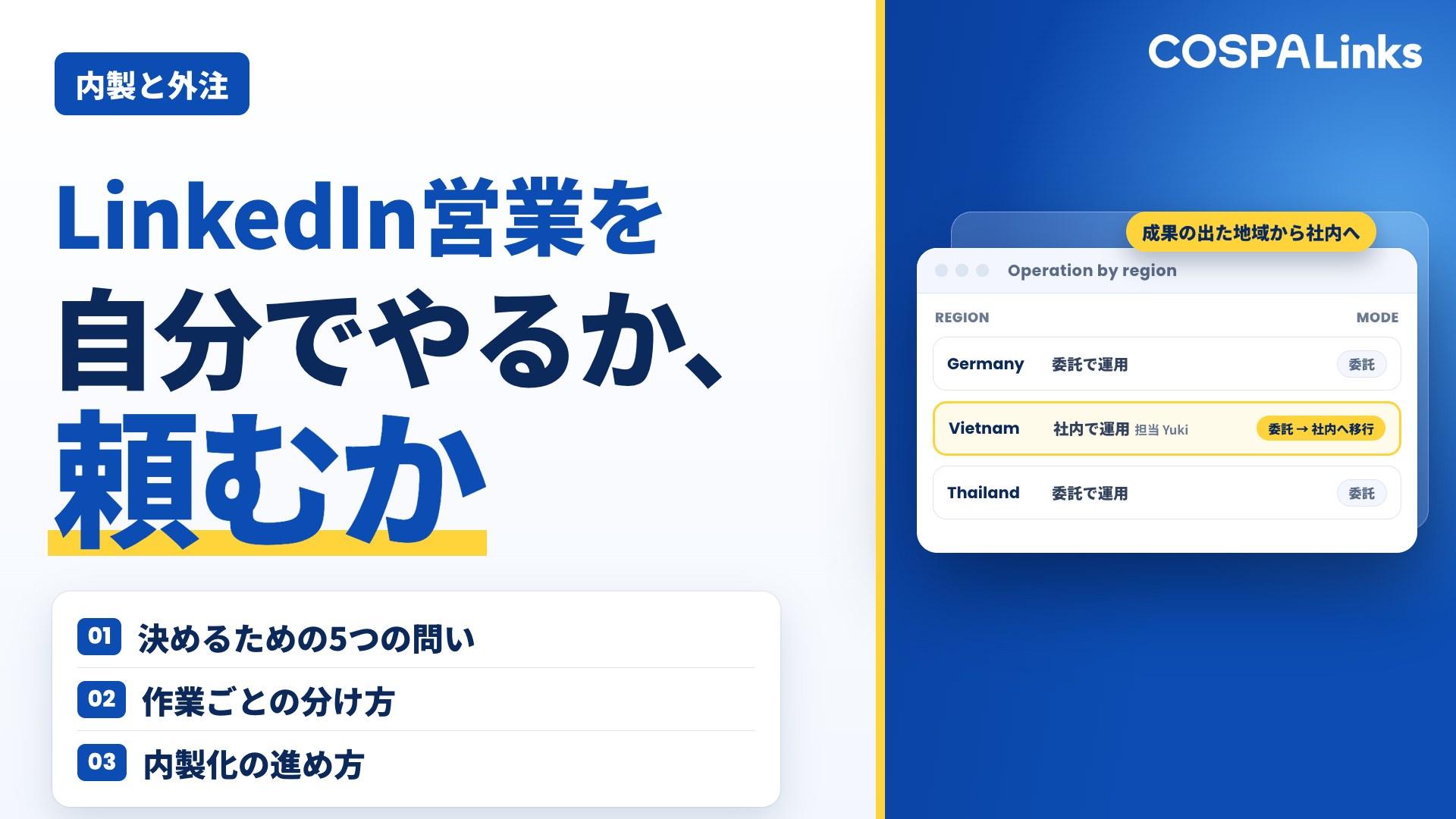 自分でやるか、頼むか｜LinkedIn営業の内製と外注の決め方と、内製化の進め方